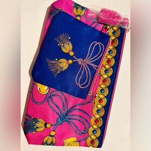 Estee Lauder Pink and Blue Cosmetic Bag with Ornate Gold Accents